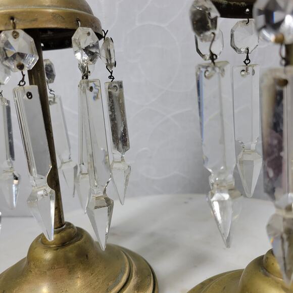 Antique Brass Girandole Candlesticks 11" Gold 8 Clear Hanging Crystals Set of 2 - Picture 9 of 16